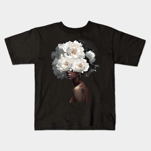 White Flower On Black Women African American Women Kids T-Shirt by Zaaa Amut Amut Indonesia Zaaaa